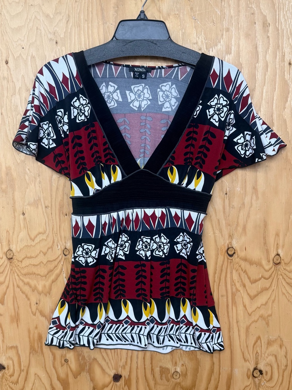 Vintage XOXO Y2K Geometric Floral Babydoll Top Empire Waist Blouse Size S